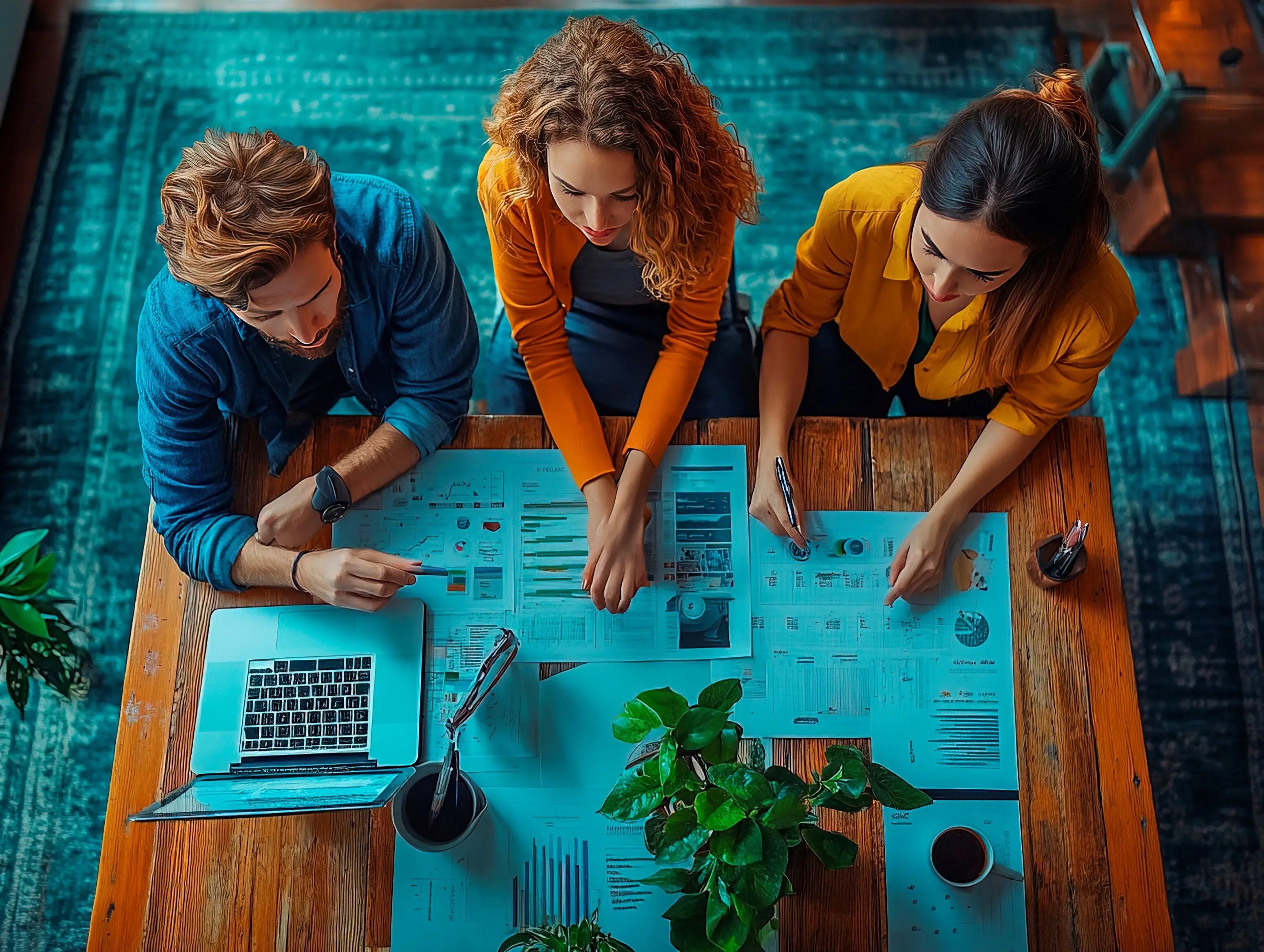 Drei Personen, lässig und zugleich schick gekleidet, arbeiten gemeinsam an einem Holztisch mit offenen Laptops und Papieren. Der Raum hat sanfte Beleuchtung, gemütliche Elemente wie einen Teppich und Topfpflanzen sowie eine warme Atmosphäre.