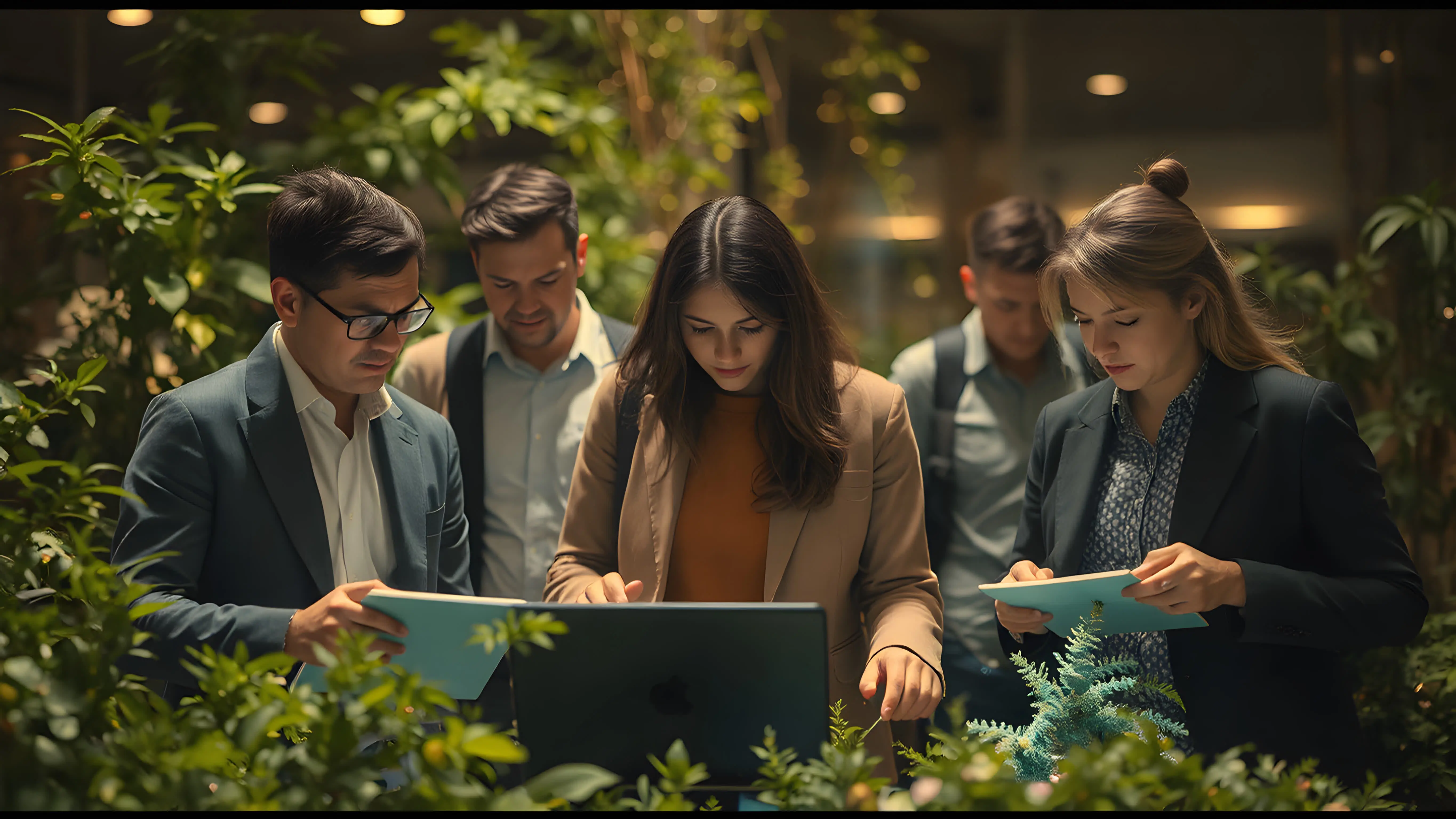 Geschäftsleute arbeiten im Büro an einem Tablet.