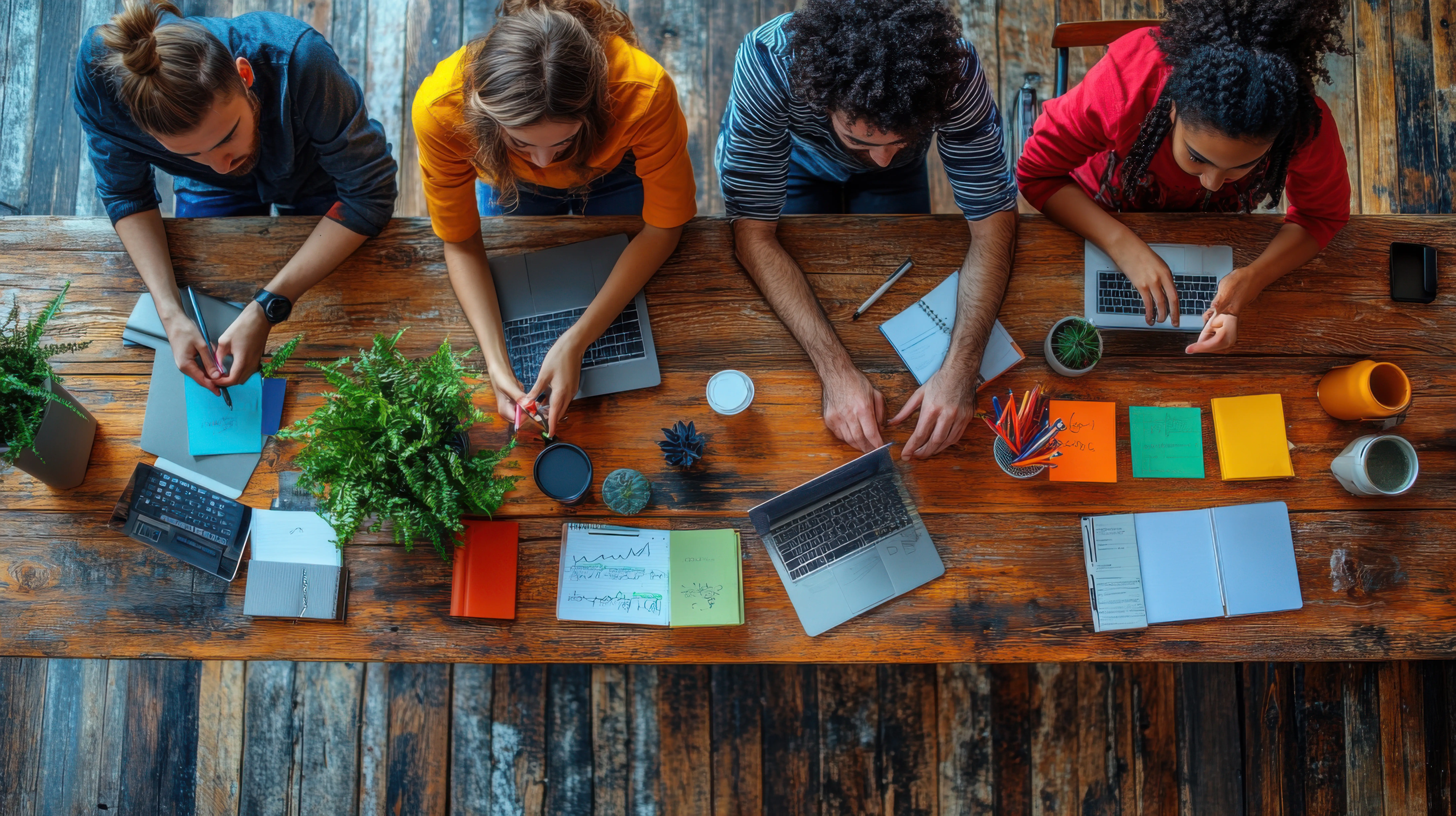 Eine Gruppe arbeitet gemeinsam an Laptops an einem Holztisch mit Pflanzen.